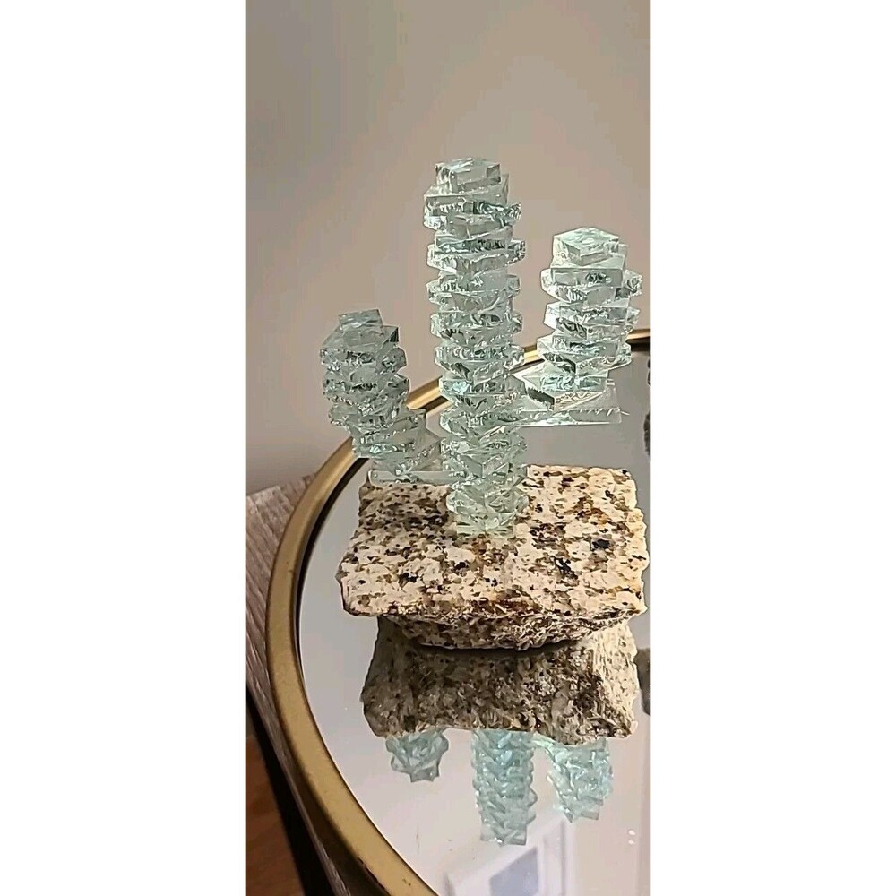 VTG 80s Cut Stacked Glass Cactus Stone Base Art Deco Sculpture 6 Tall x4x3 Base